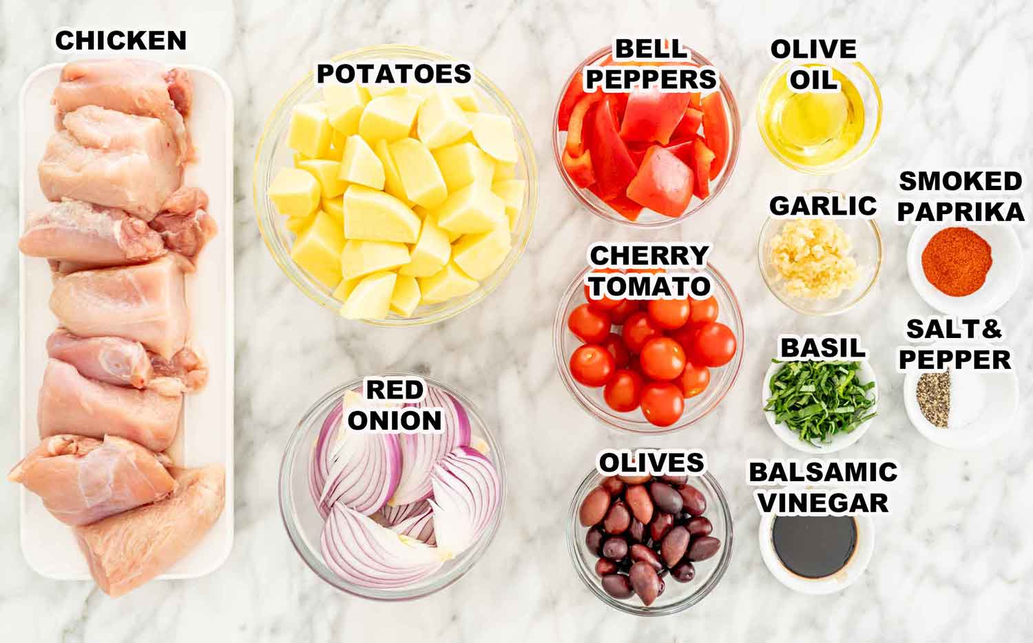 ingredients needed to make roasted chicken and vegetables.