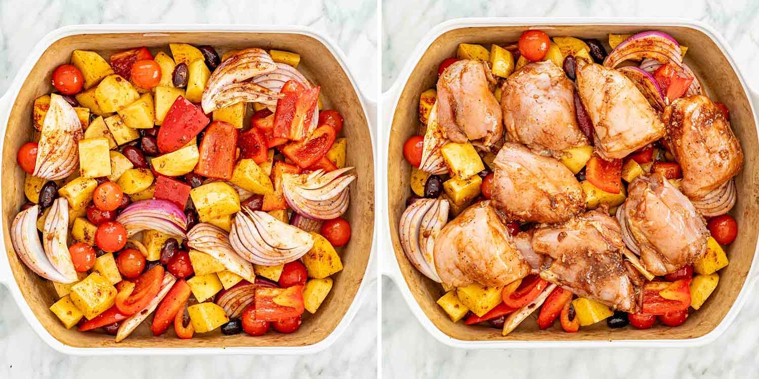 process shots showing how to make roasted chicken and vegetables.