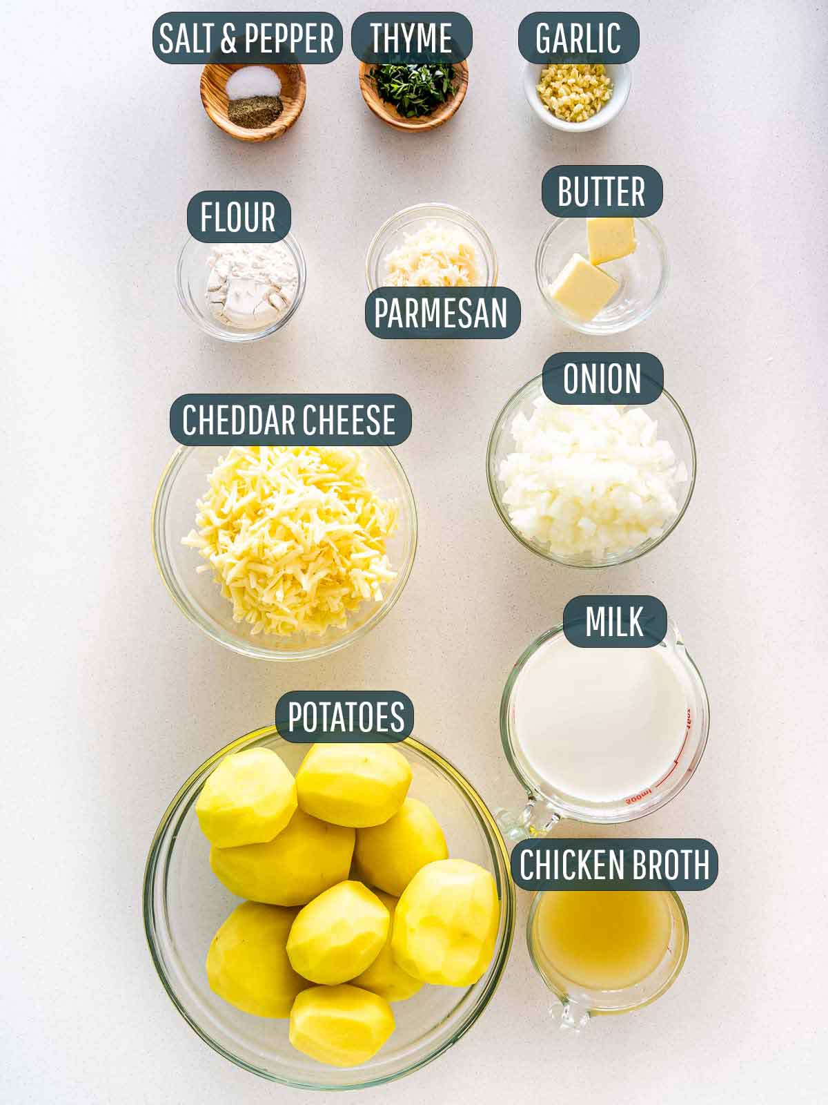overhead shot of ingredients needed to make potatoes au gratin.