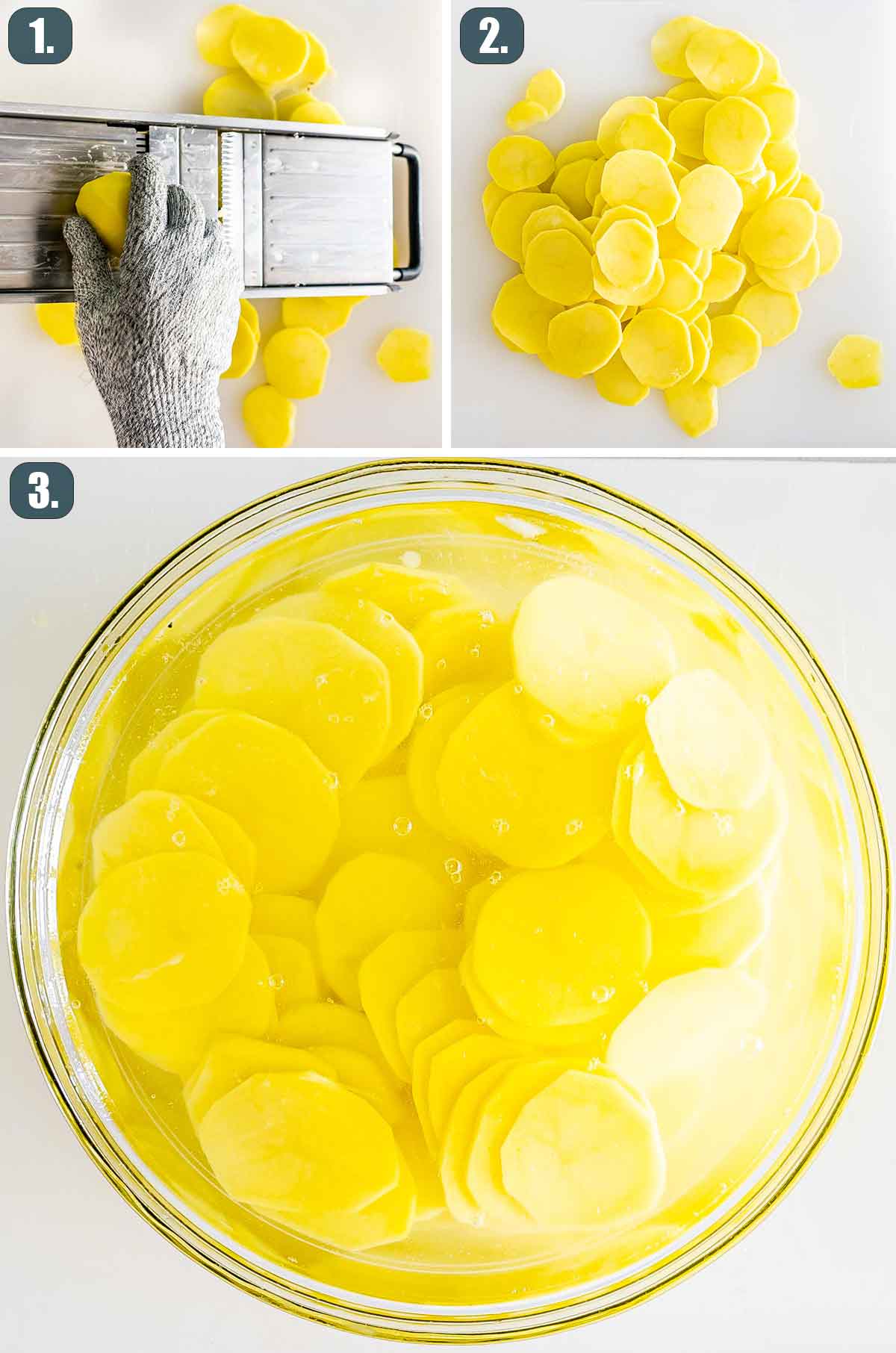 process shots showing how to prep potatoes to make potatoes au gratin.