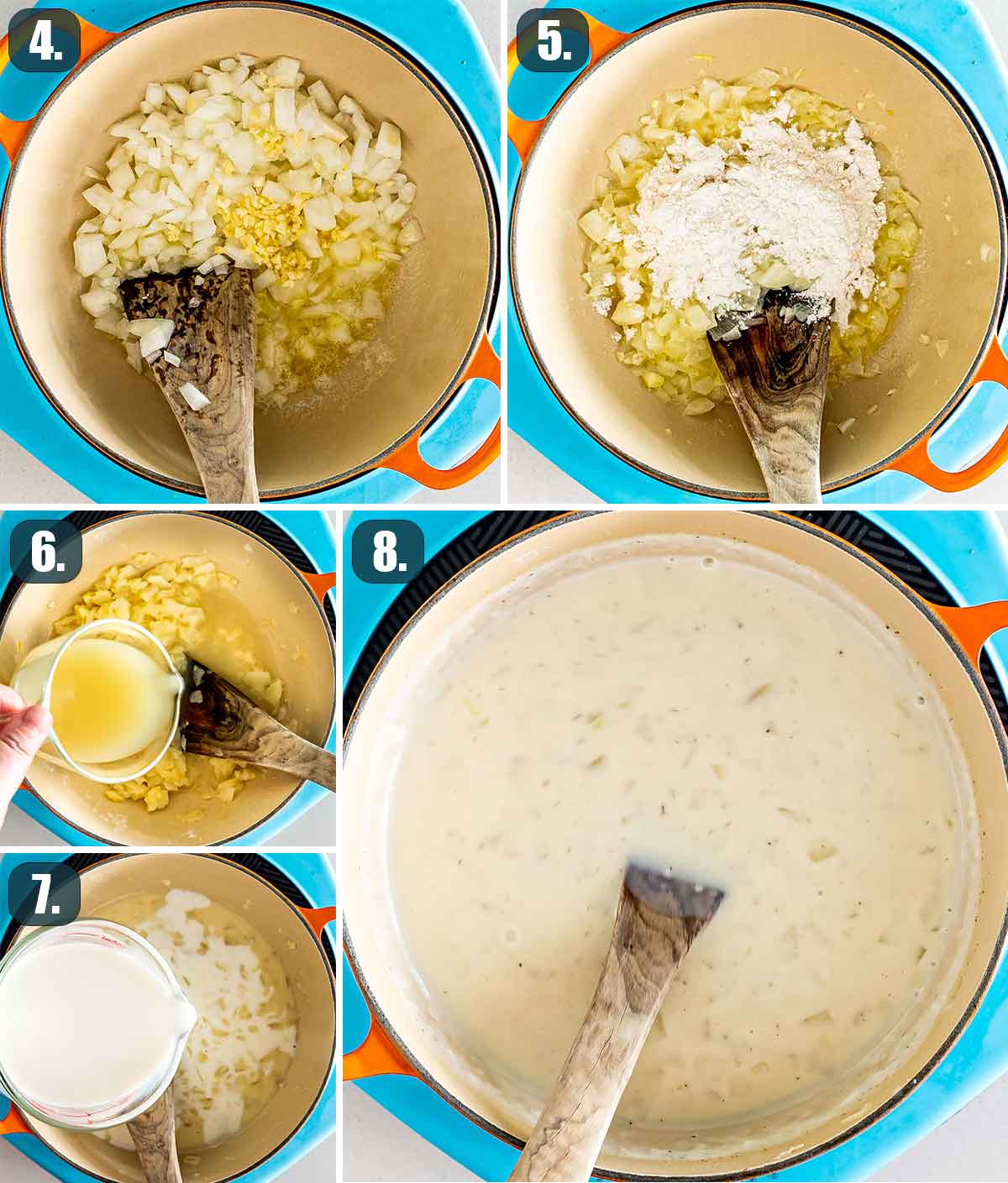 process shots showing how to make sauce for potatoes au gratin.