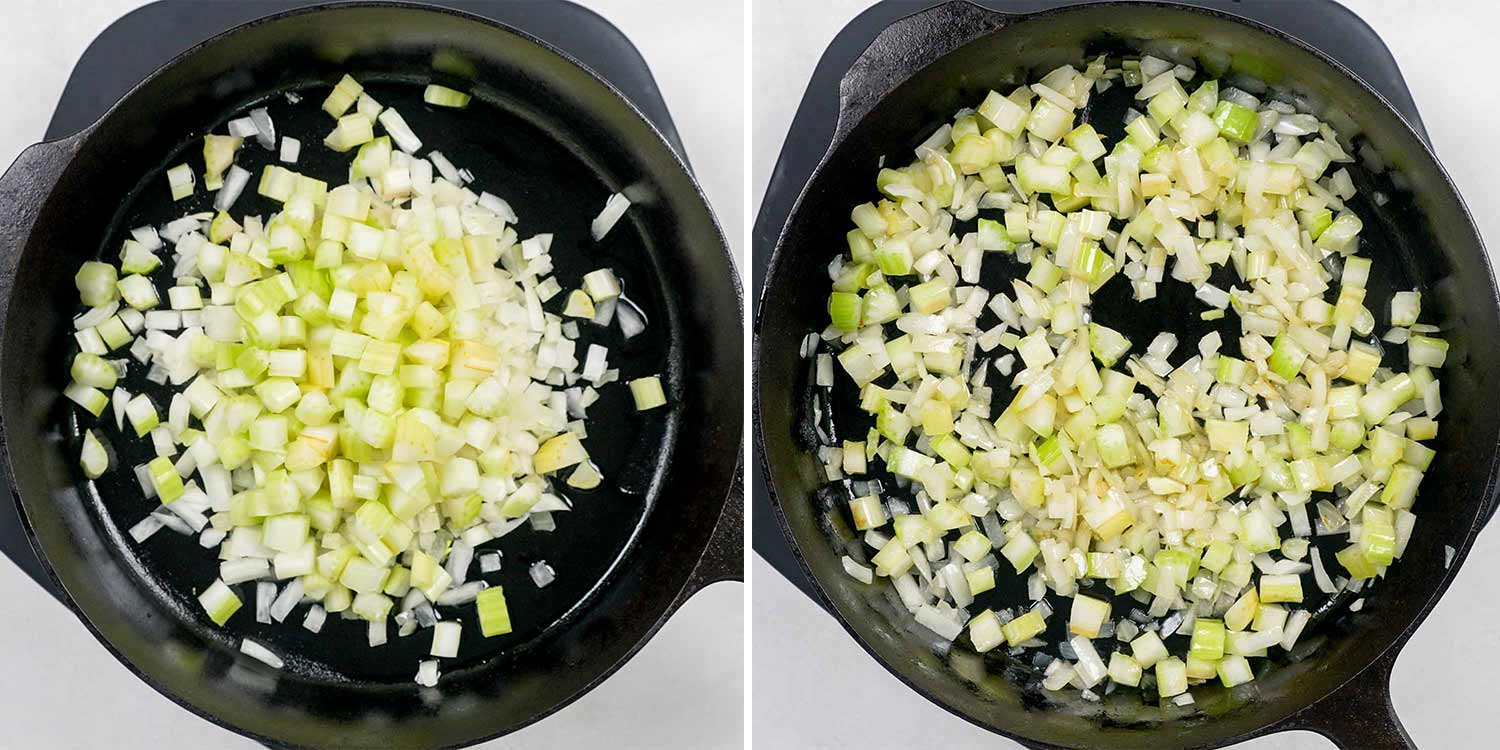 process shots showing how to make skillet chicken pot pie.