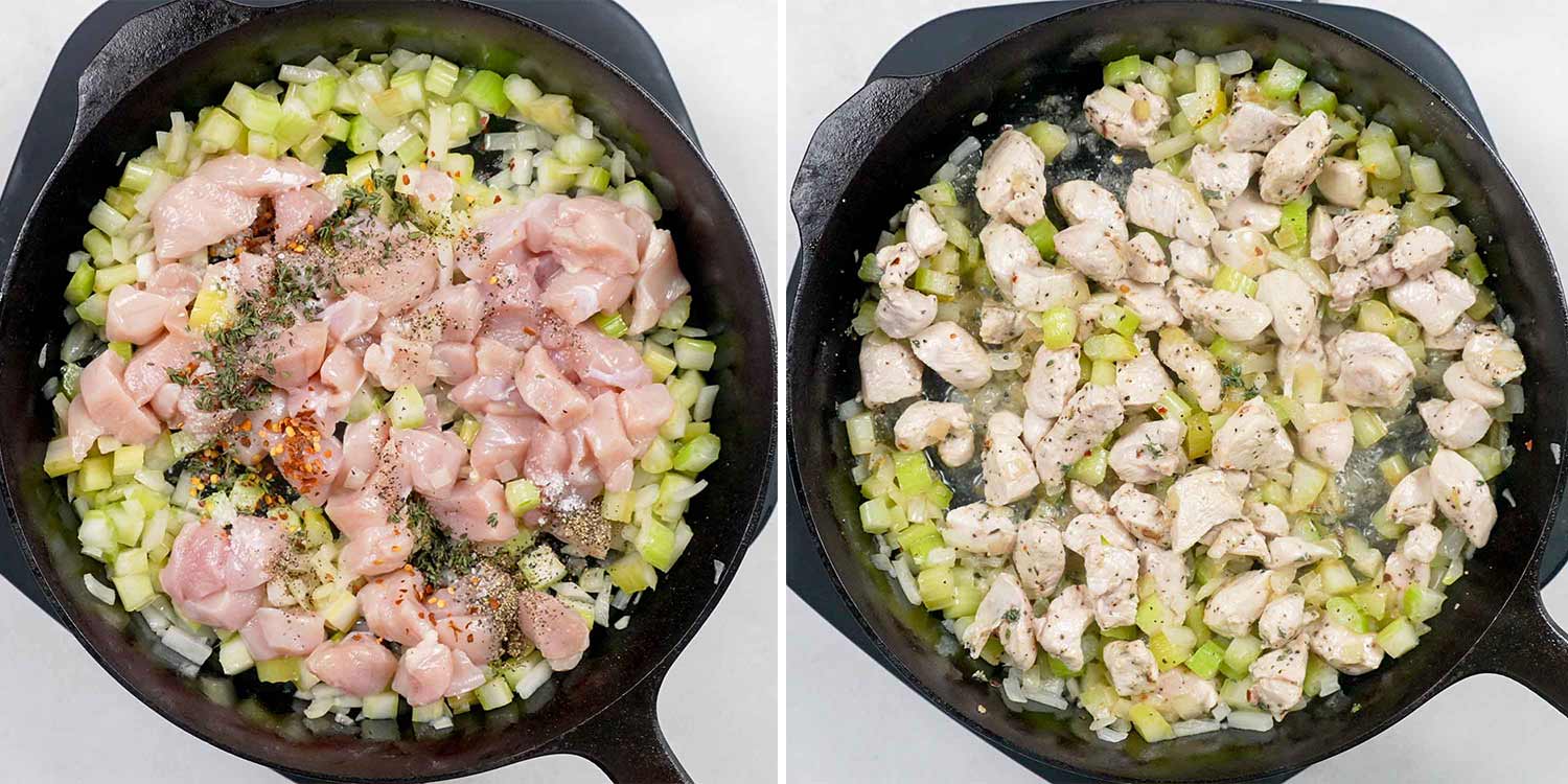 process shots showing how to make skillet chicken pot pie.