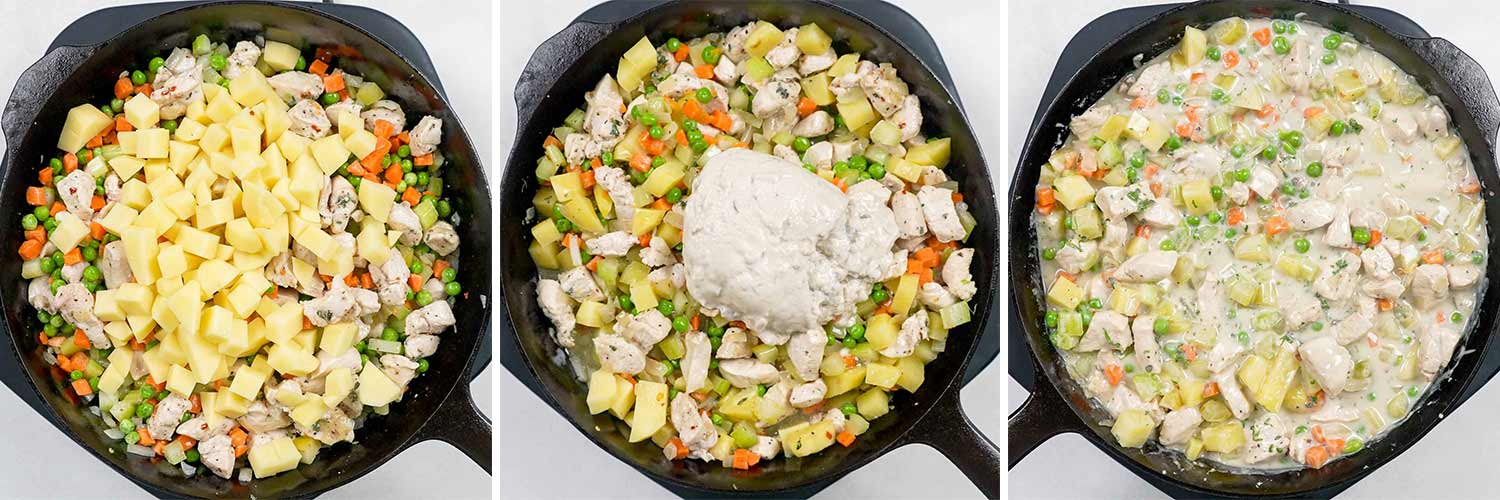 process shots showing how to make skillet chicken pot pie.