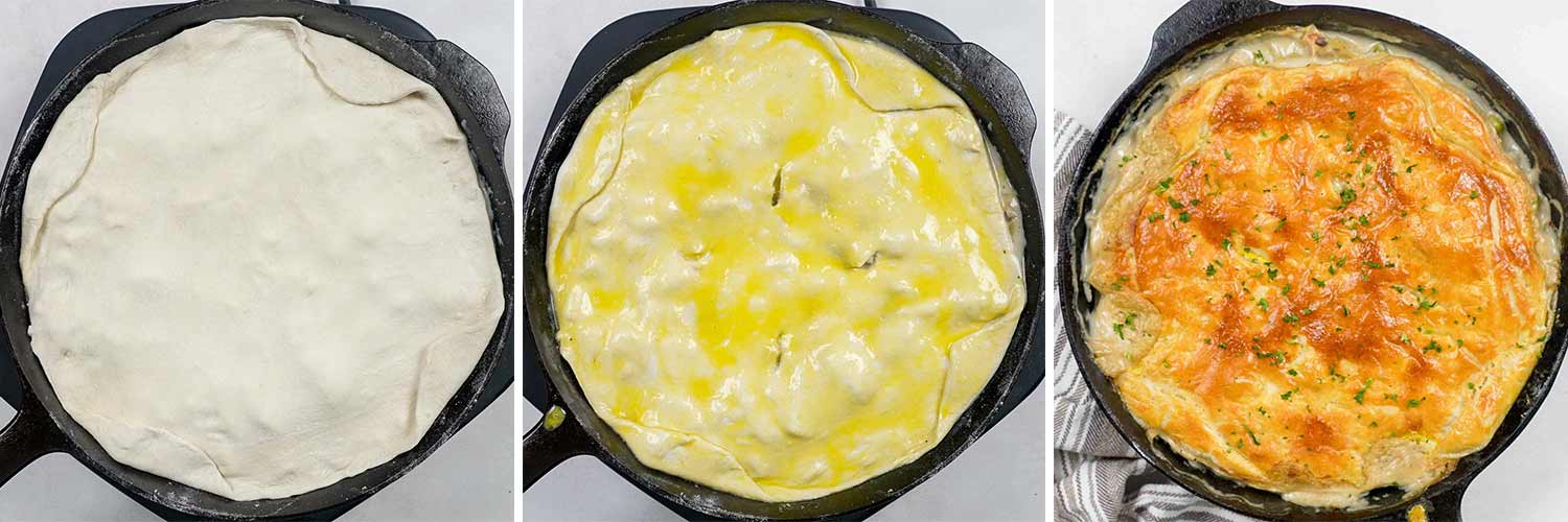 process shots showing how to make skillet chicken pot pie.