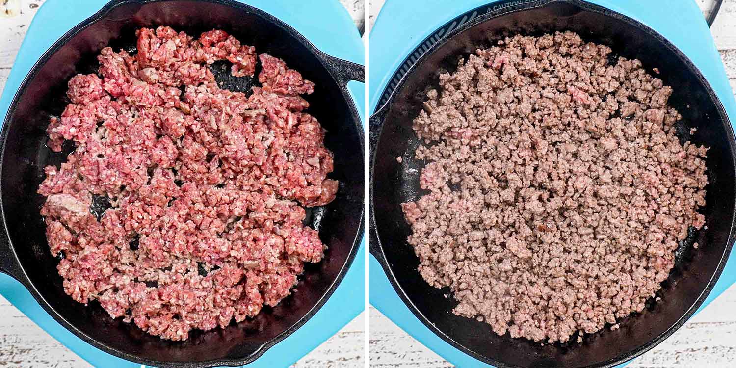 process shots showing how to make skillet shepherd's pie.