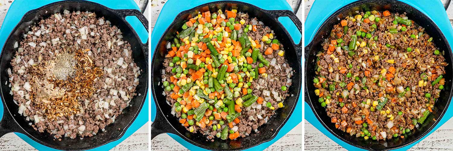 process shots showing how to make skillet shepherd's pie.