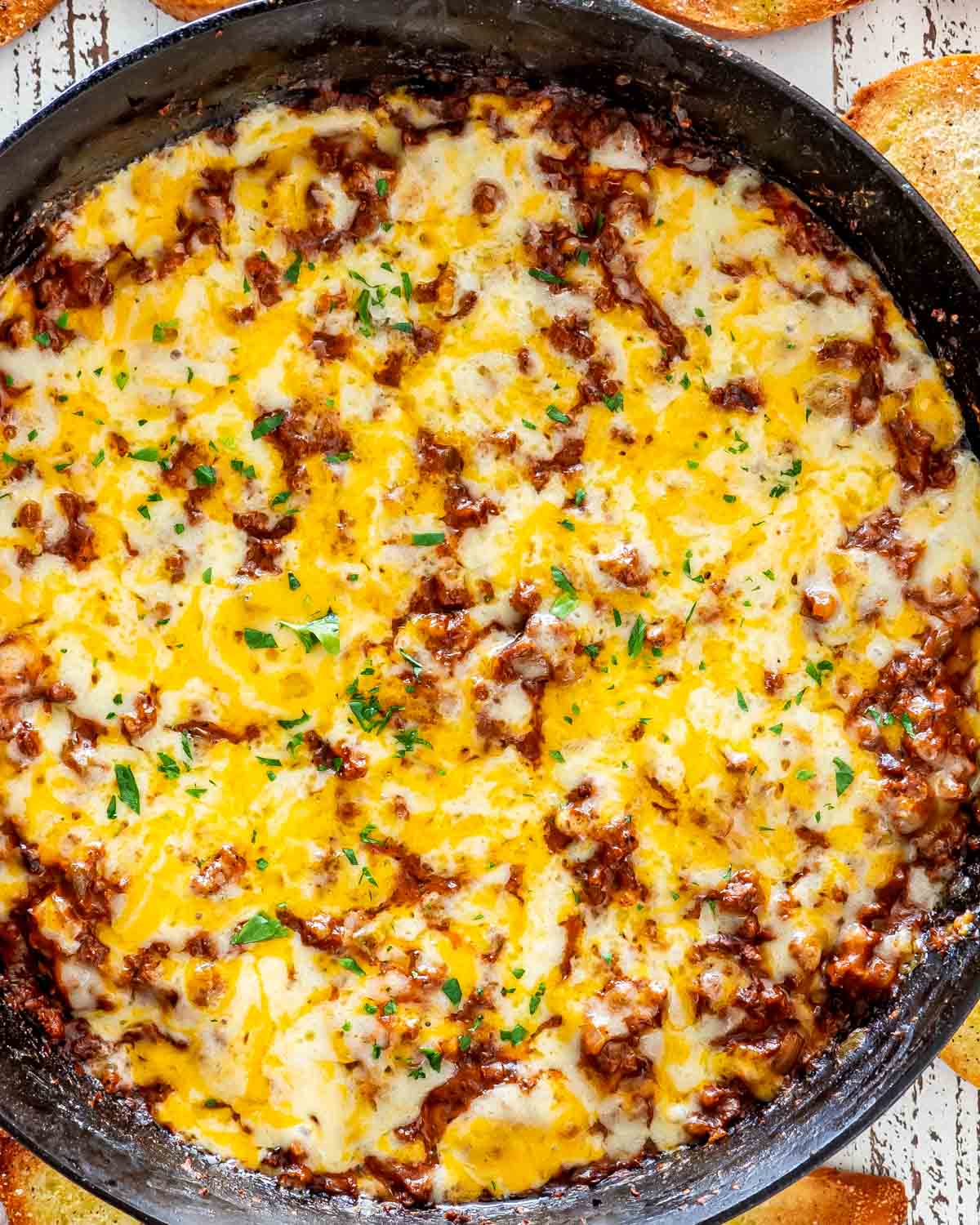 sloppy joe dip in a black skillet.
