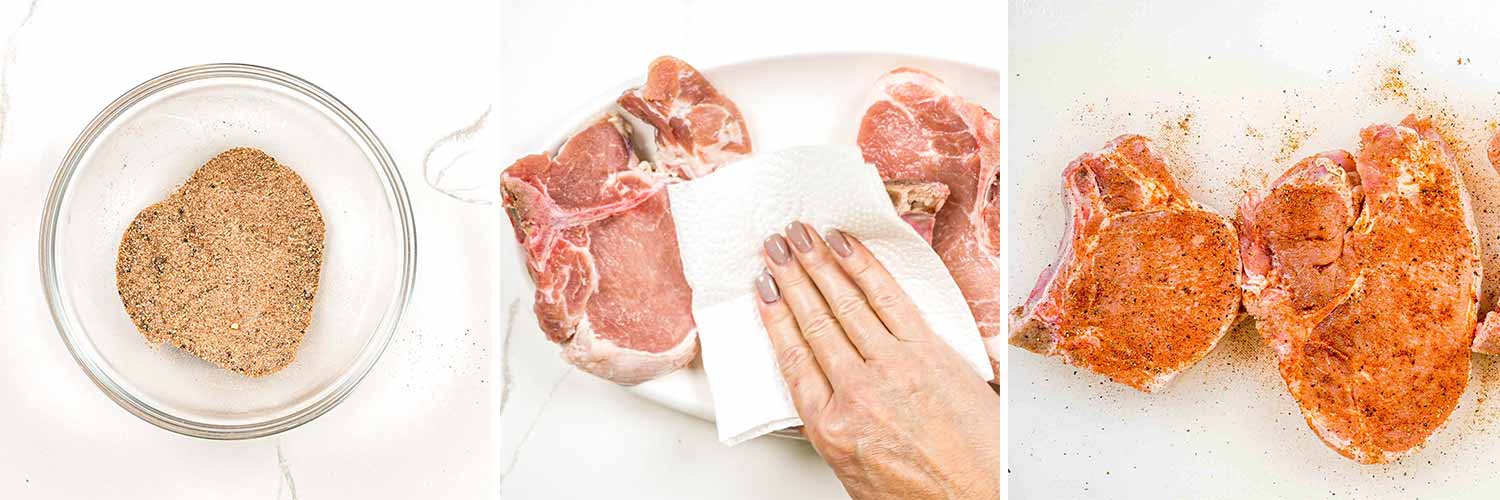 process shots showing how to prep pork chops to make smothered pork chops.