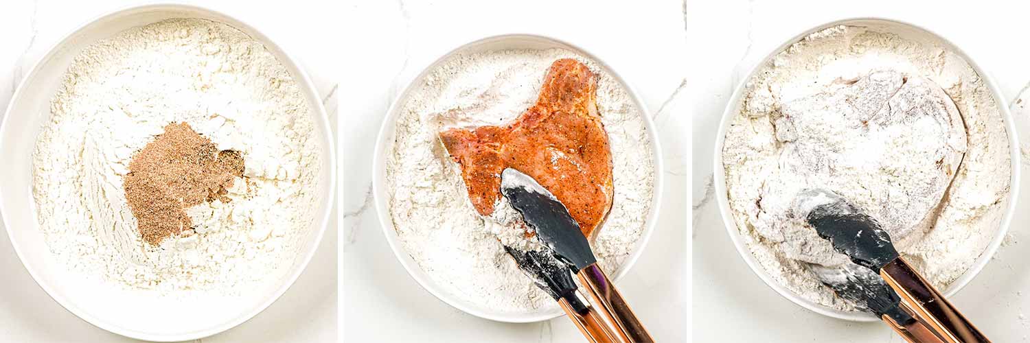 process shots showing how to dredge pork chops through seasoned flour.