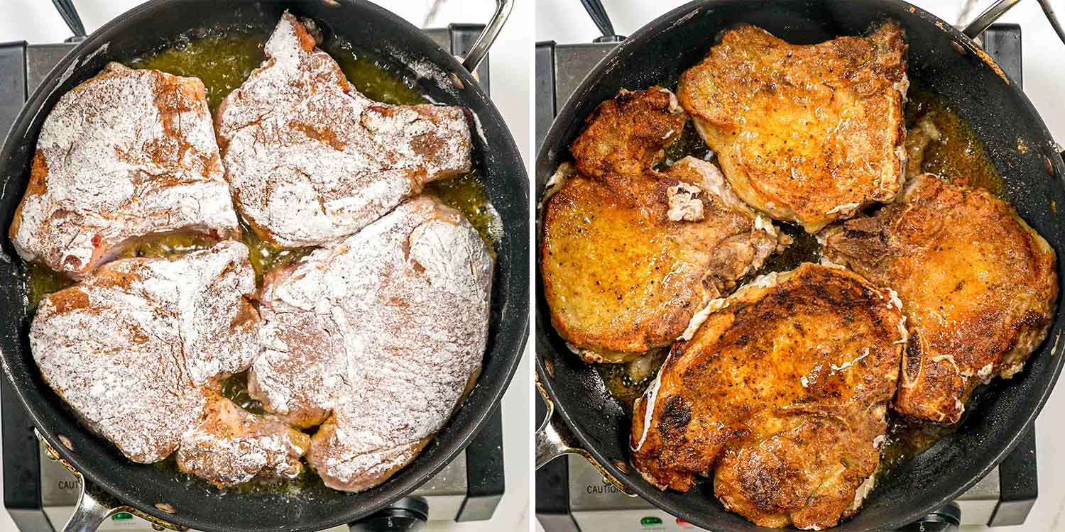 process showing how to sear pork chops.