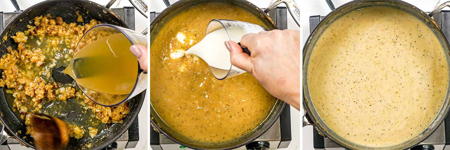 process shots showing how to make gravy for smothered pork chops.