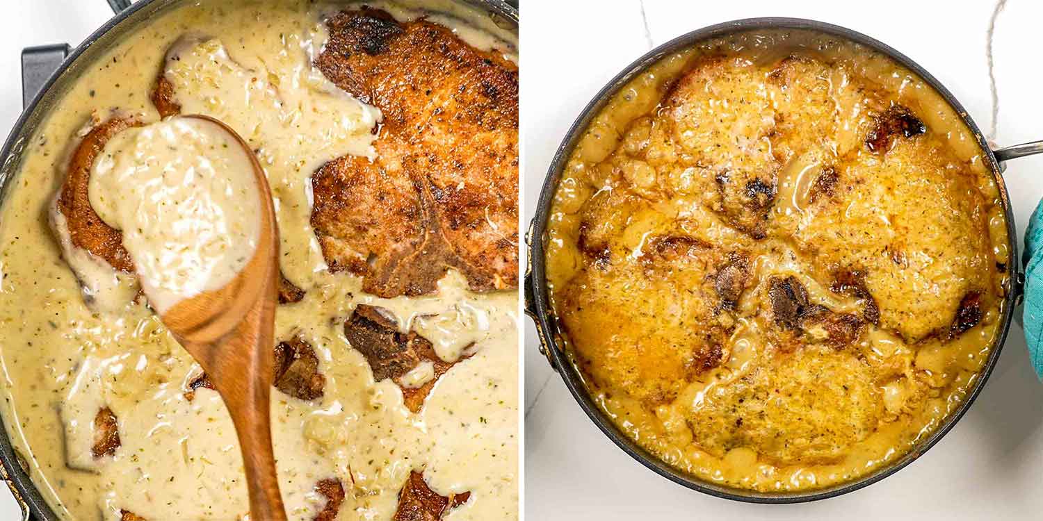 process shots showing how to finish making smothered pork chops.