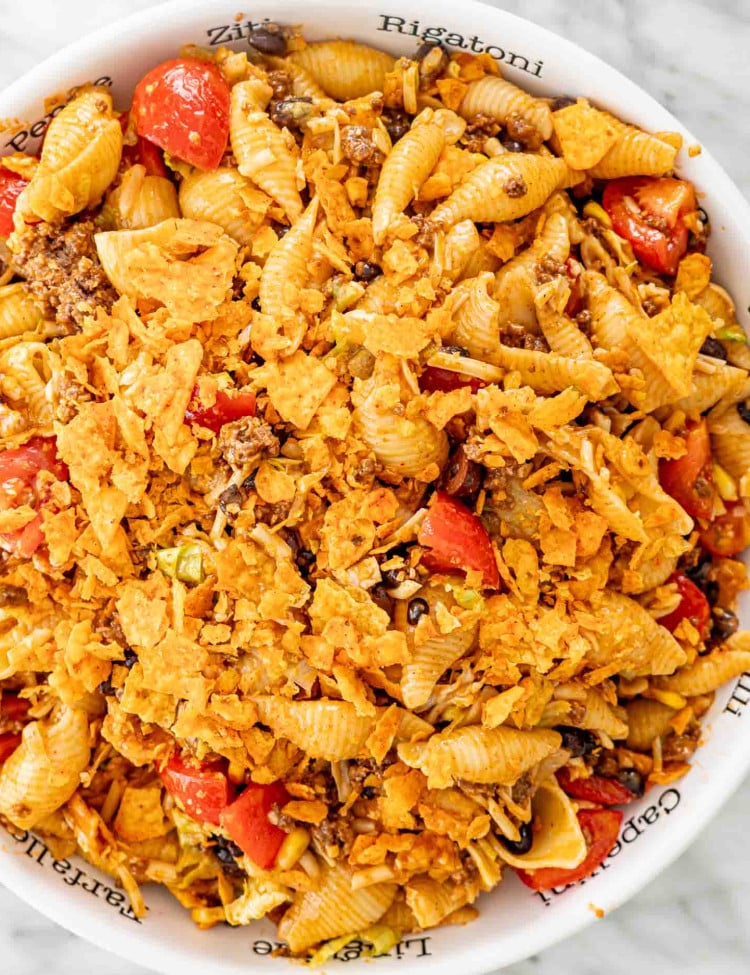 freshly made taco pasta salad in a large bowl.