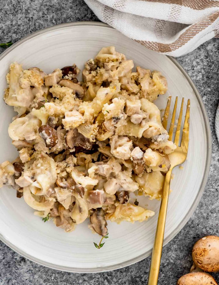 a serving of turkey noodle casserole in a white plate.
