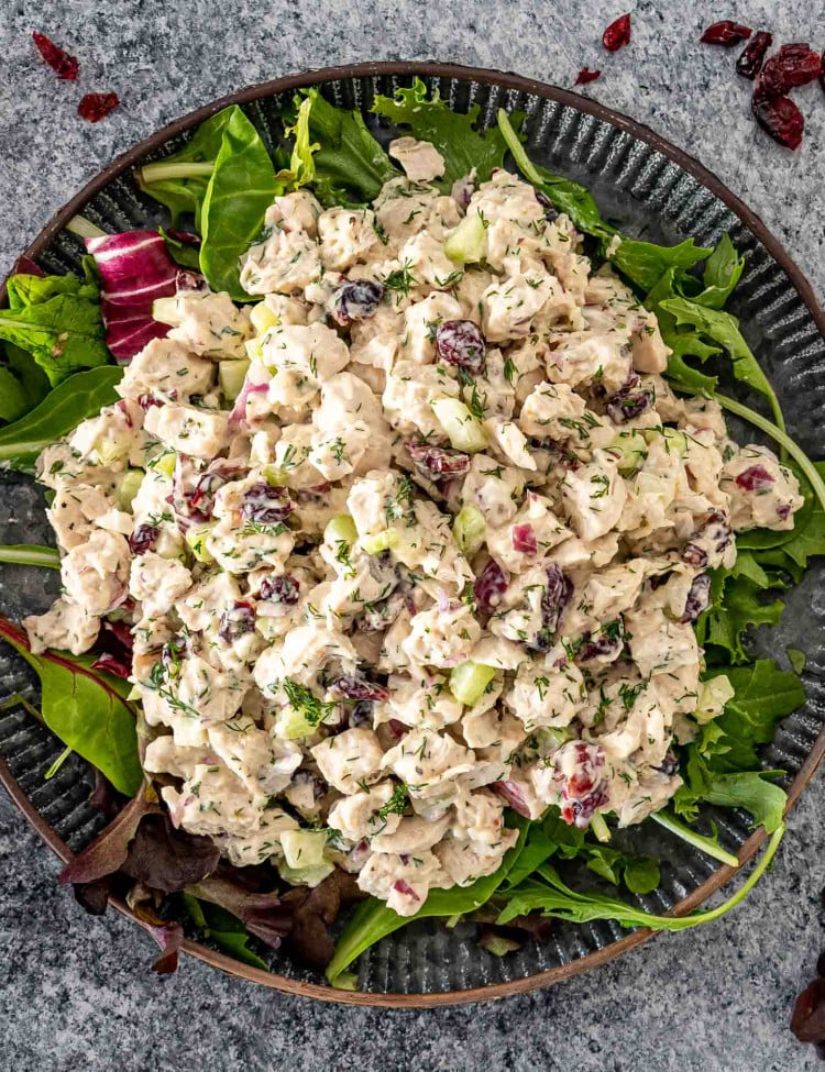 freshly made turkey salad in a dark plate.