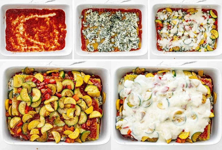 process shots showing how to make vegetable lasagna.