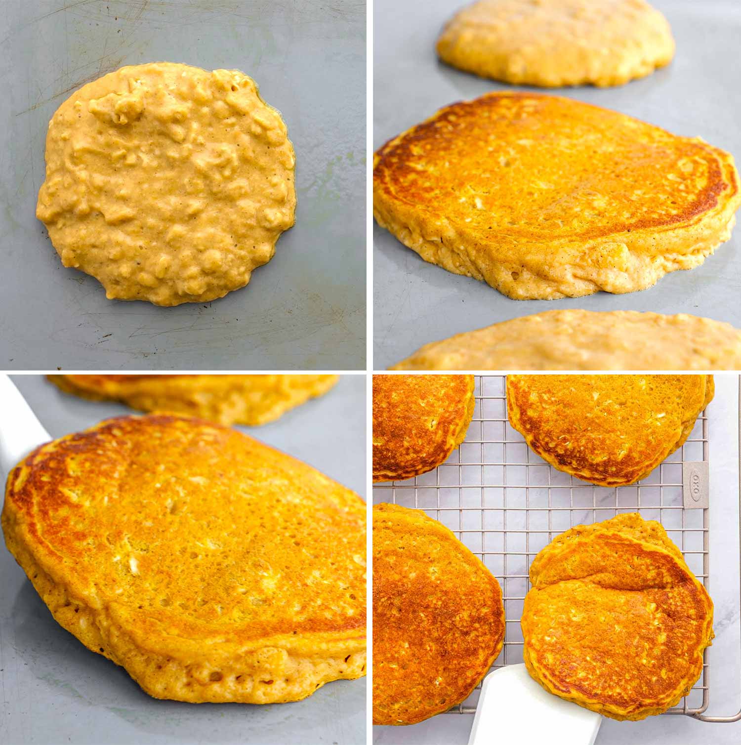 process shots showing how to make whole wheat pumpkin pancakes.